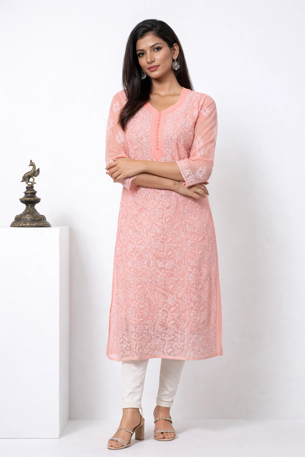 Lucknow Fashion Diary Hand Embroidered Lucknowi Chikankari Women's Peach Georgette Kurta