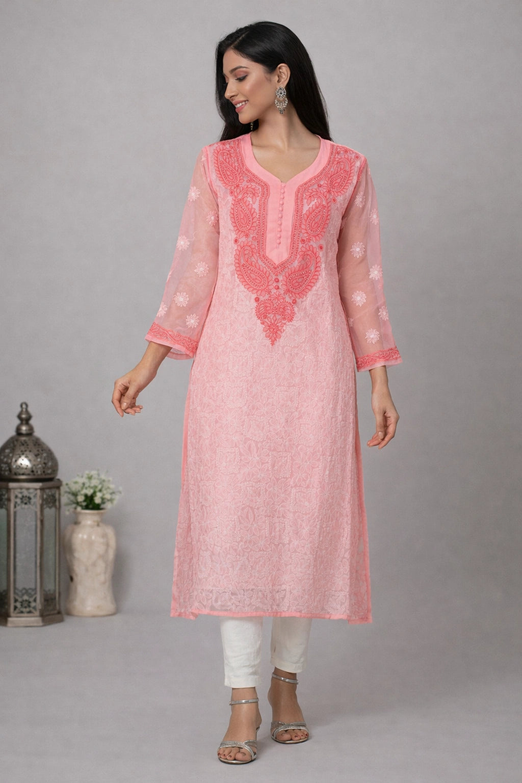 Lucknow Fashion Diary Hand Embroidered Lucknowi Chikankari Women's Peach Georgette Kurti 