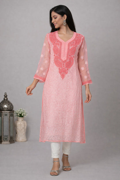 Lucknow Fashion Diary Hand Embroidered Lucknowi Chikankari Women's Peach Georgette Kurti 