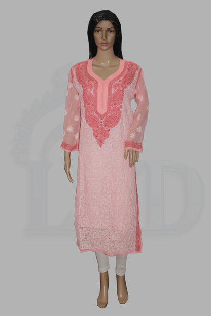 Pink embroidered kurta worn by a mannequin on a gray background