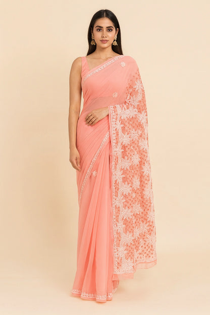 Lucknow Fashion Diary Hand Embroidered Lucknowi Chikankari Women's Peach Georgette Saree With Blouse