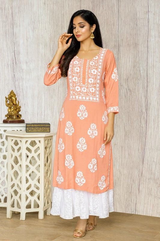 Lucknow Fashion Diary Hand Embroidered Lucknowi Chikankari Women's Peach Modal Kurti