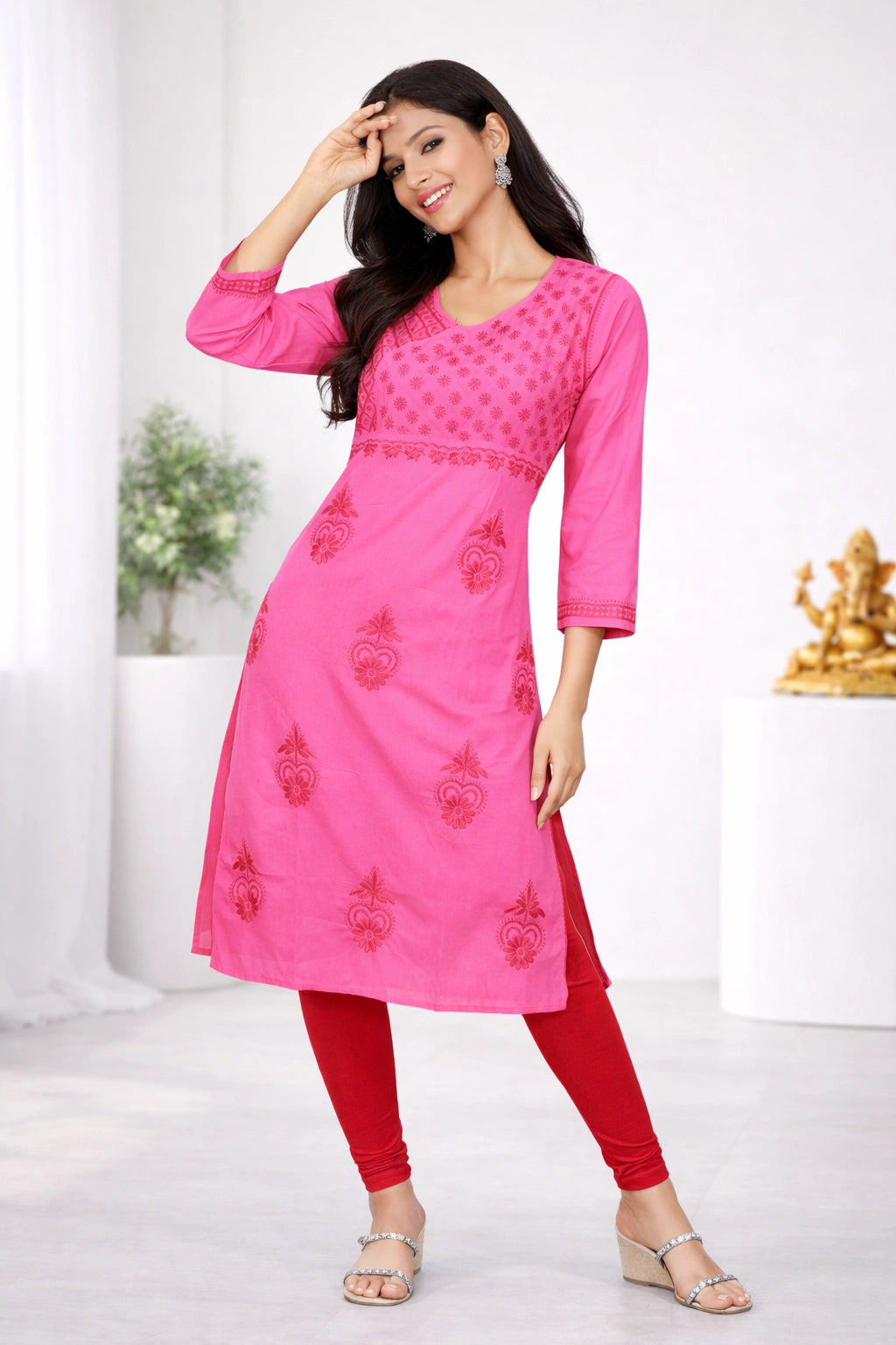 Lucknow Fashion Diary Hand Embroidered Lucknowi Chikankari Women's Pink Cotton Angrakha
