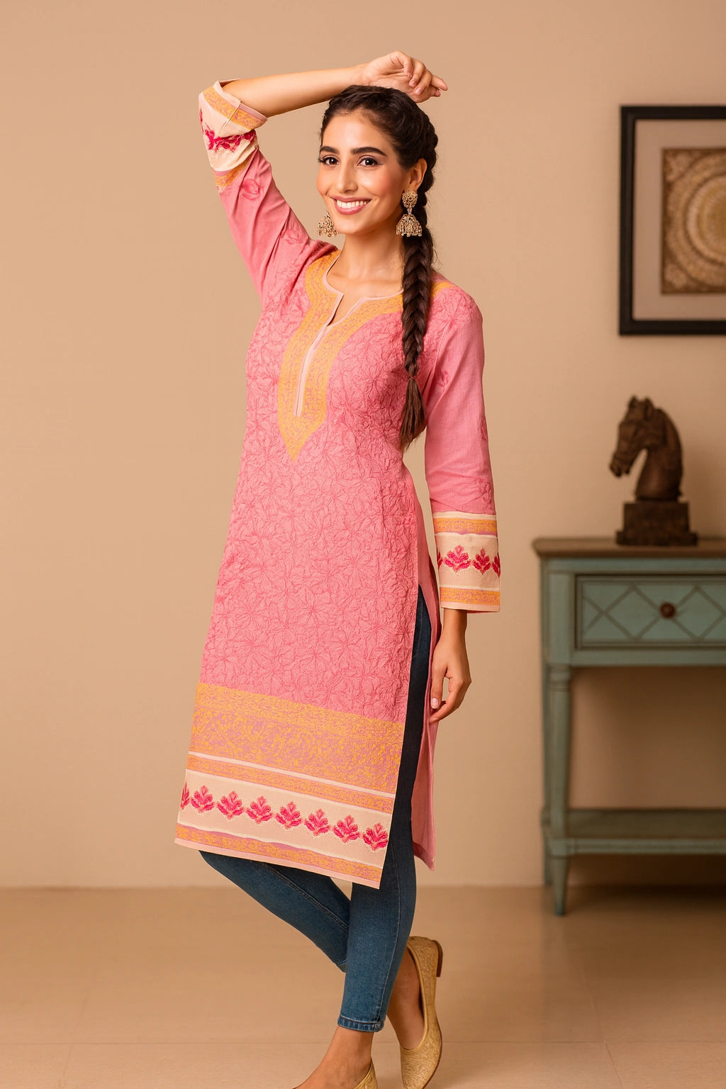 Lucknow Fashion Diary Hand Embroidered Lucknowi Chikankari Women's Pink Cotton Kurta