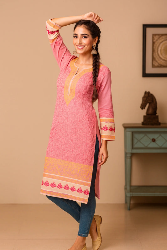 Lucknow Fashion Diary Hand Embroidered Lucknowi Chikankari Women's Pink Cotton Kurta