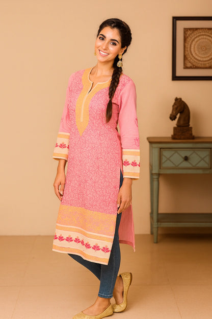 A woman models a pink embroidered kurta with three-quarter sleeves and denim in an indoor setting with a wooden cabinet.