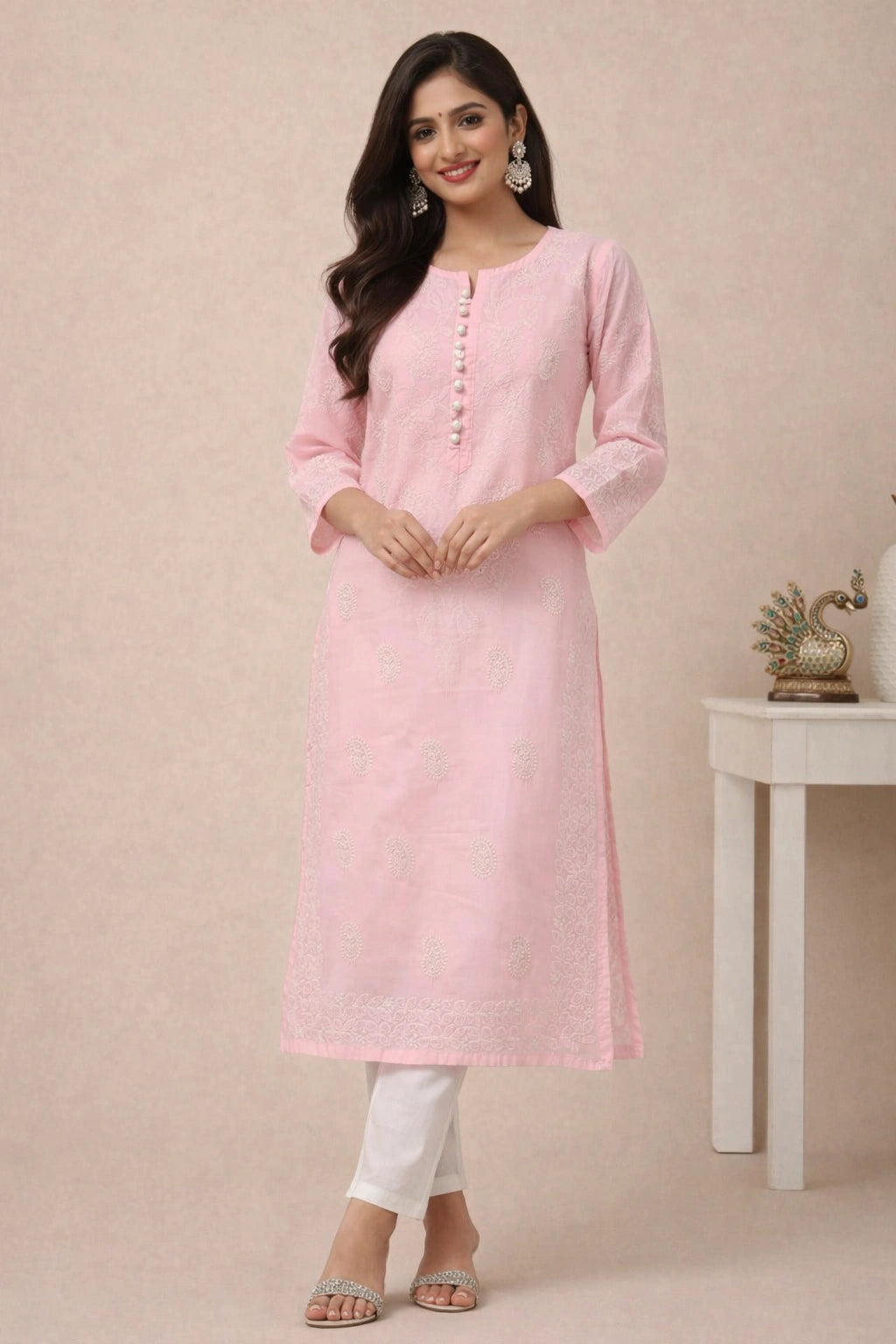 lucknowi chikankari A woman modeling a light pink long kurta with white pants, standing against a beige studio backdrop with a small white side table and decorative peacock figurine in the background.
