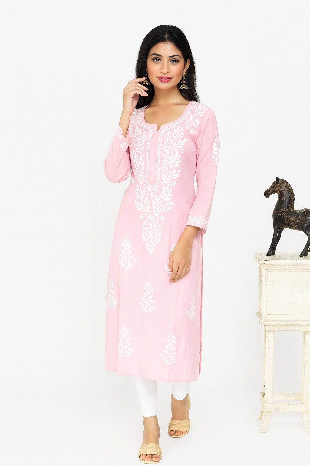 Lucknow Fashion Diary Hand Embroidered Lucknowi Chikankari Women's Pink Cotton Kurti