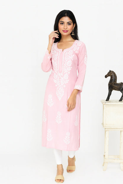 Lucknow Fashion Diary Hand Embroidered Lucknowi Chikankari Women's Pink Cotton Kurti