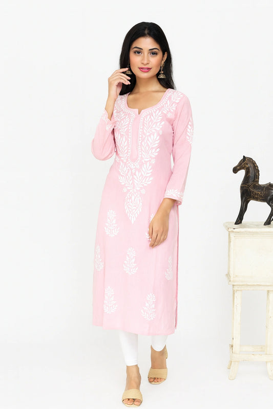 Lucknow Fashion Diary Hand Embroidered Lucknowi Chikankari Women's Pink Cotton Kurti