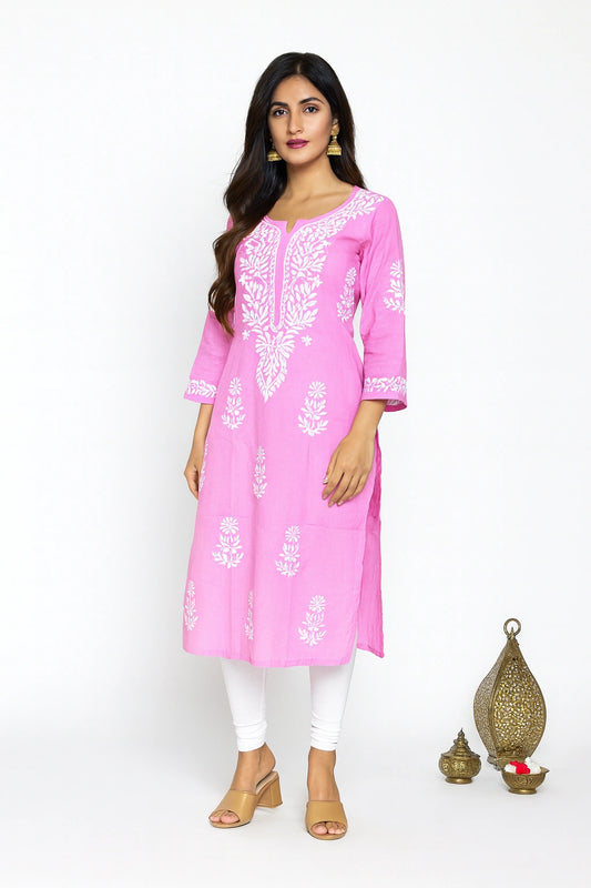 Lucknow Fashion Diary Hand Embroidered Lucknowi Chikankari Women's Pink Cotton Kurti