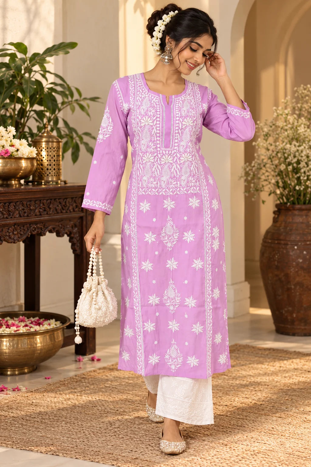 Lucknow Fashion Diary Hand Embroidered Lucknowi Chikankari Women's Pink crape Kurti