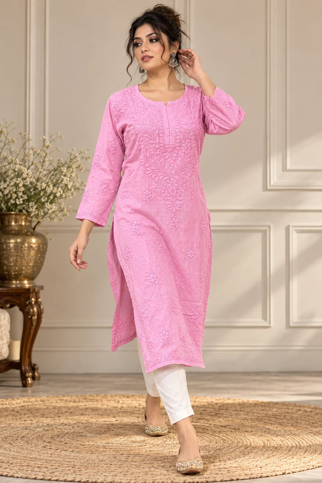 Lucknow Fashion Diary Hand Embroidered Lucknowi Chikankari Women's Pink Dobby Cotton Kurta