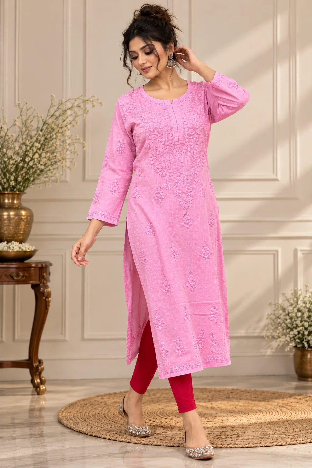 A woman models a pink embroidered kurta with three-quarter sleeves, paired with red leggings and silver pointed flats, standing on a round jute rug in a decorated room with paneled walls and potted plants.