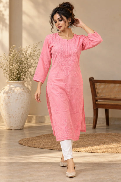 Lucknow Fashion Diary Hand Embroidered Lucknowi Chikankari Women's Peach Dobby Cotton Kurta