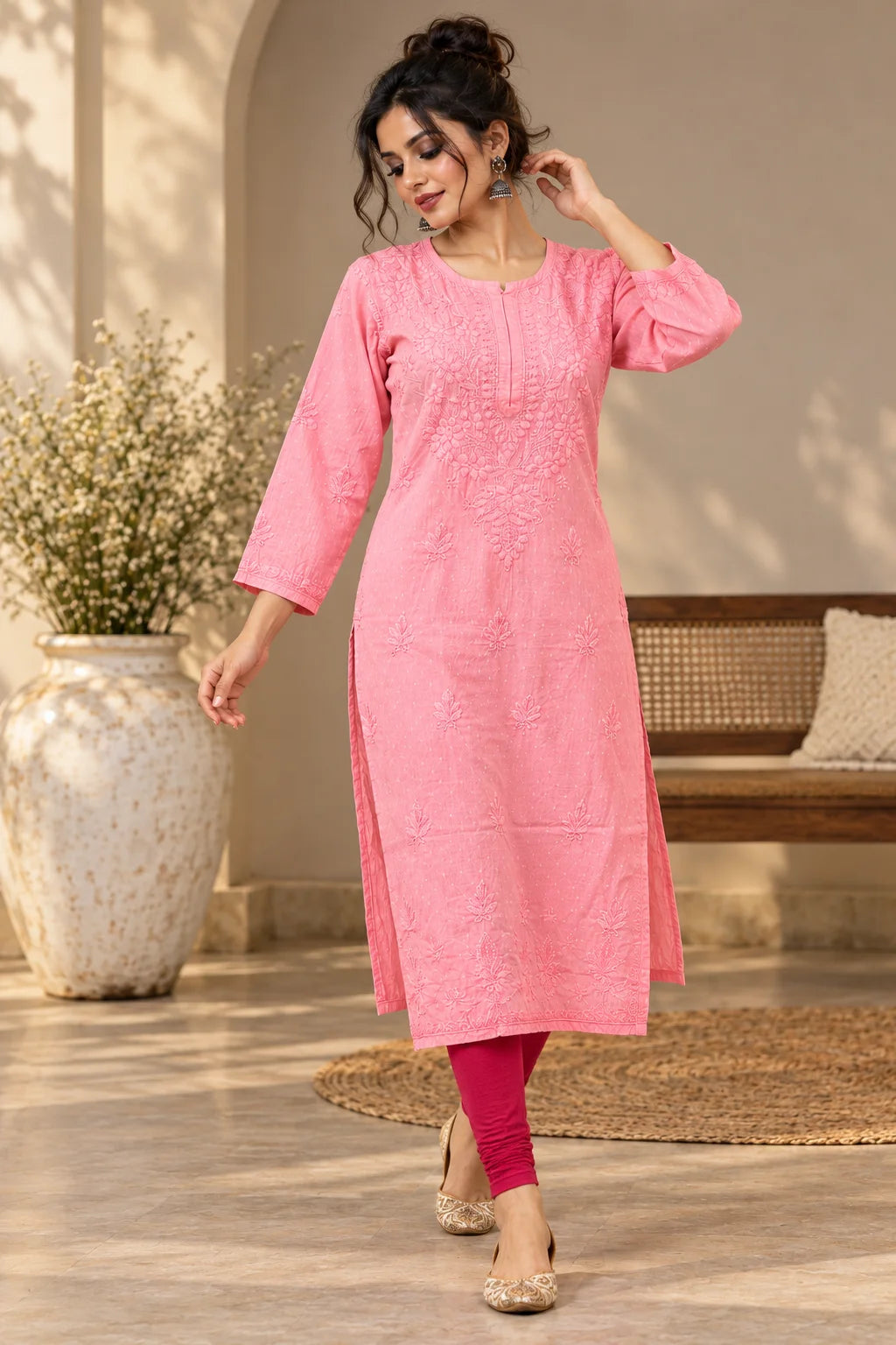 A woman models a pink embroidered kurta with three-quarter sleeves and side slits, paired with magenta leggings and gold embellished flat shoes in a warm, sunlit indoor setting.