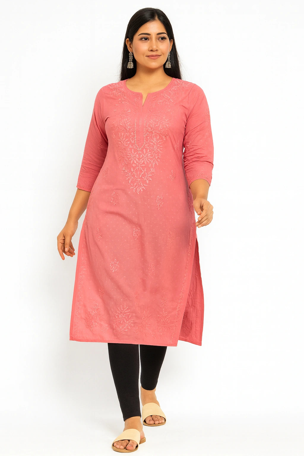 Lucknow Fashion Diary Hand Embroidered Lucknowi Chikankari Women's Coral Pink Dobby Cotton Kurta