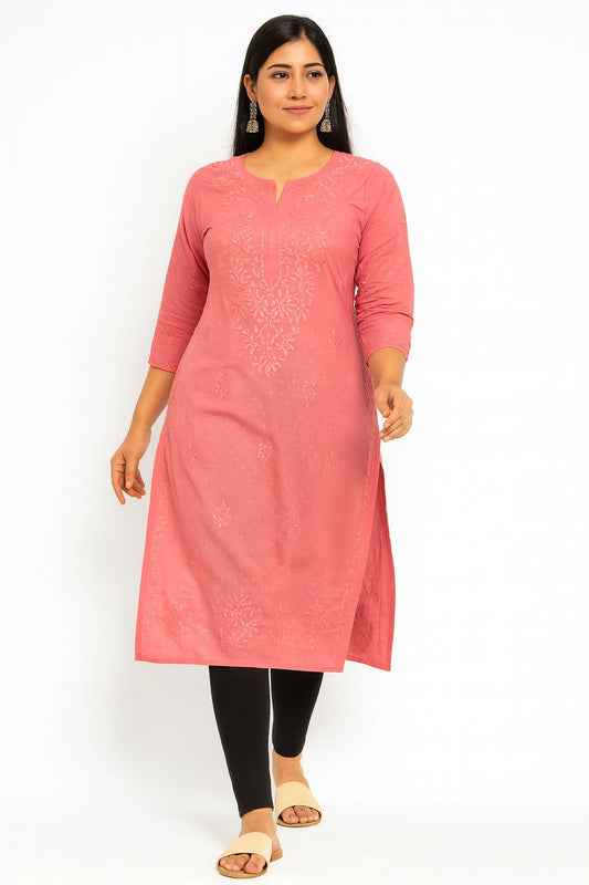 Lucknow Fashion Diary Hand Embroidered Lucknowi Chikankari Women's Coral Pink Dobby Cotton Kurta