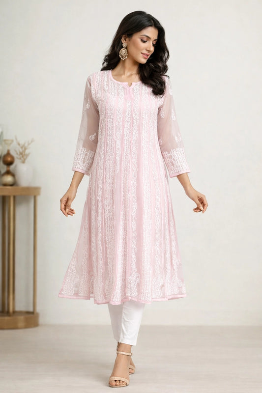 Lucknow Fashion Diary Hand Embroidered Lucknowi Chikankari Women's Pink Georgette Anarkali