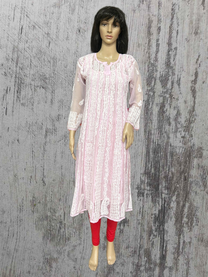 Mannequin wearing a lucknowi chikankari light pink dress with white patterns on a textured gray background