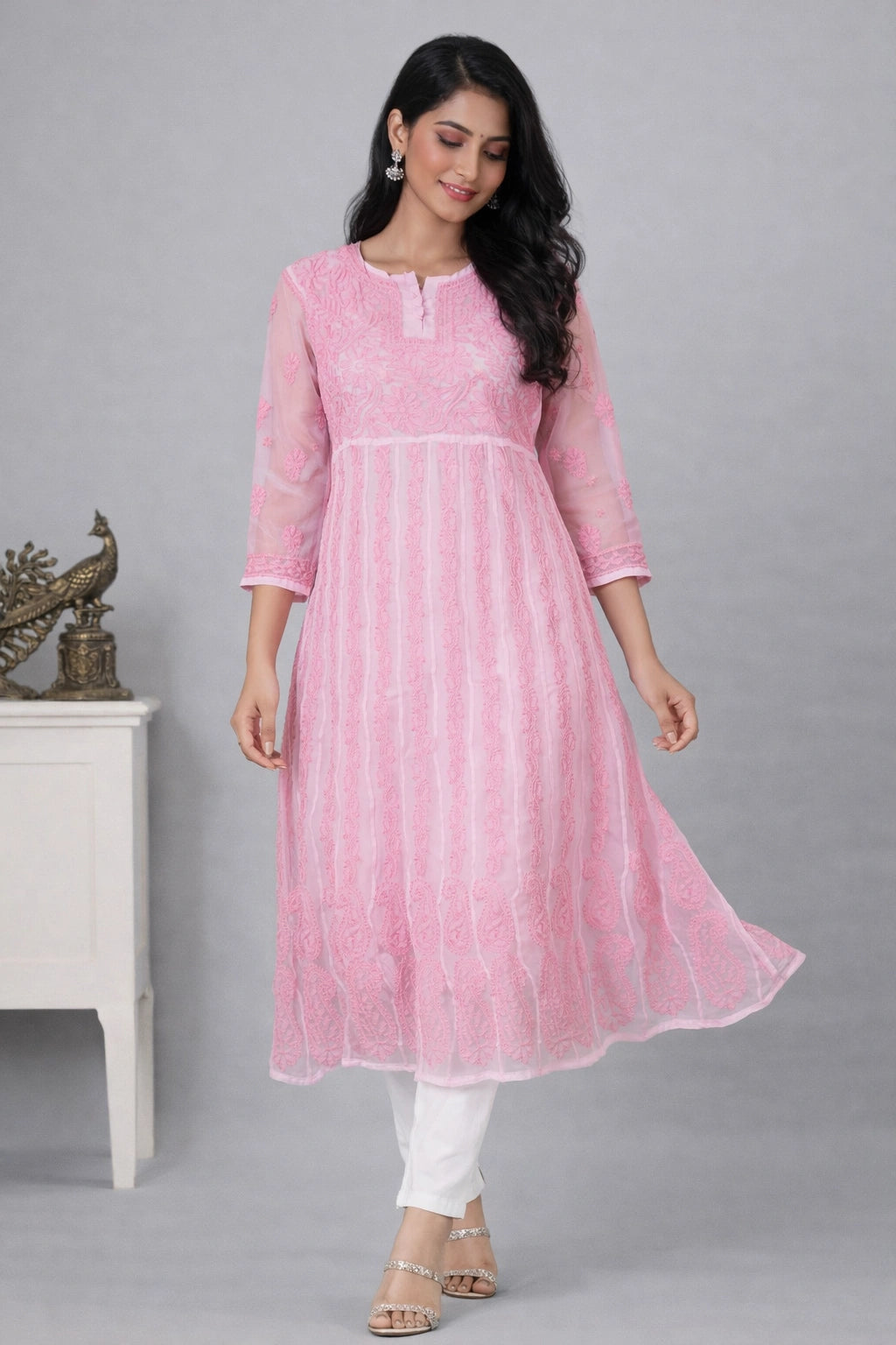 Lucknow Fashion Diary Hand Embroidered Lucknowi Chikankari Women's Pink Georgette Anarkali