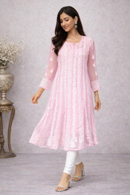 Lucknow Fashion Diary Hand Embroidered Lucknowi Chikankari Women's Pink Georgette Anarkali