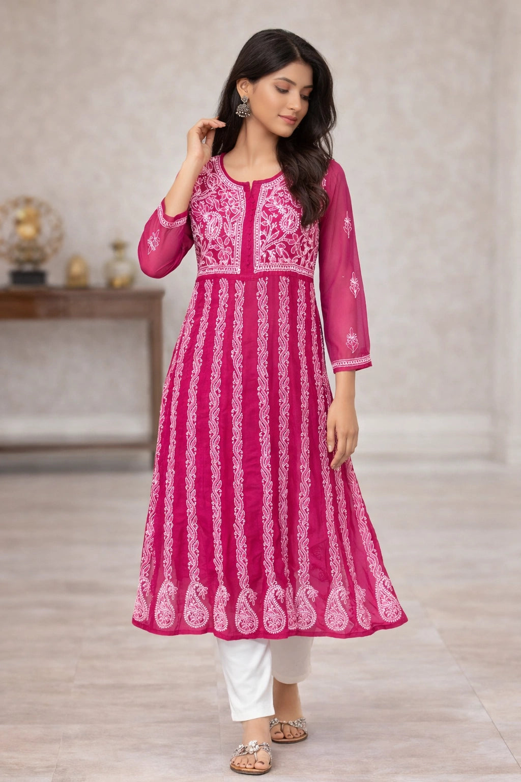 Lucknow Fashion Diary Hand Embroidered Lucknowi Chikankari Women's Pink Georgette Anarkali