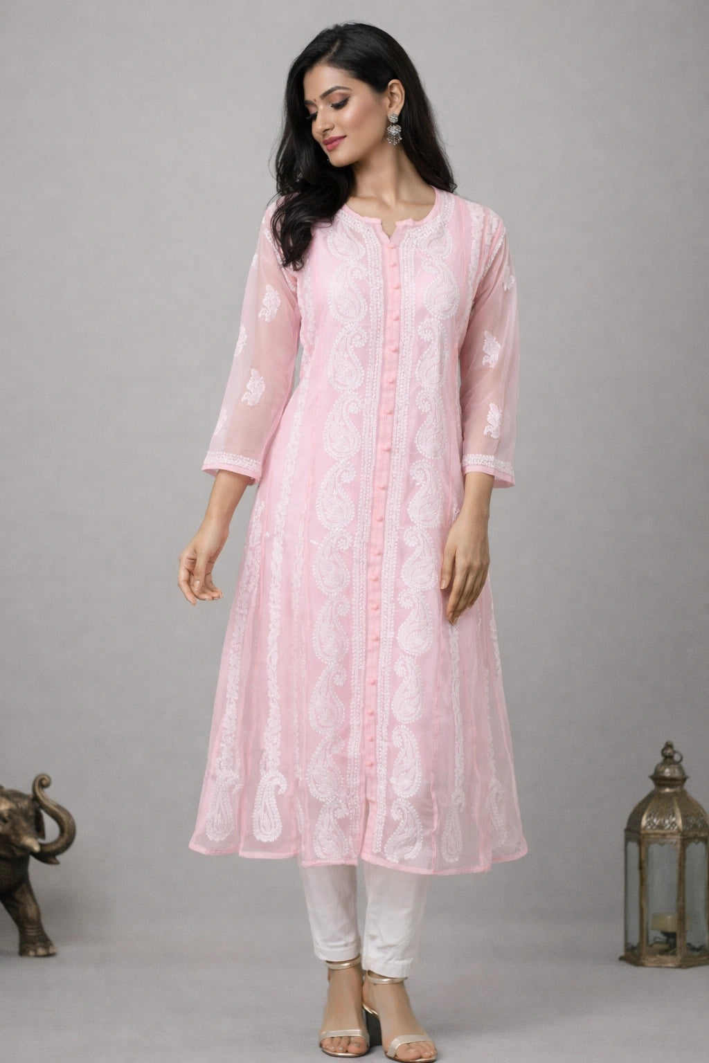 Lucknow Fashion Diary Hand Embroidered Lucknowi Chikankari Women's Pink Georgette Anarkali
