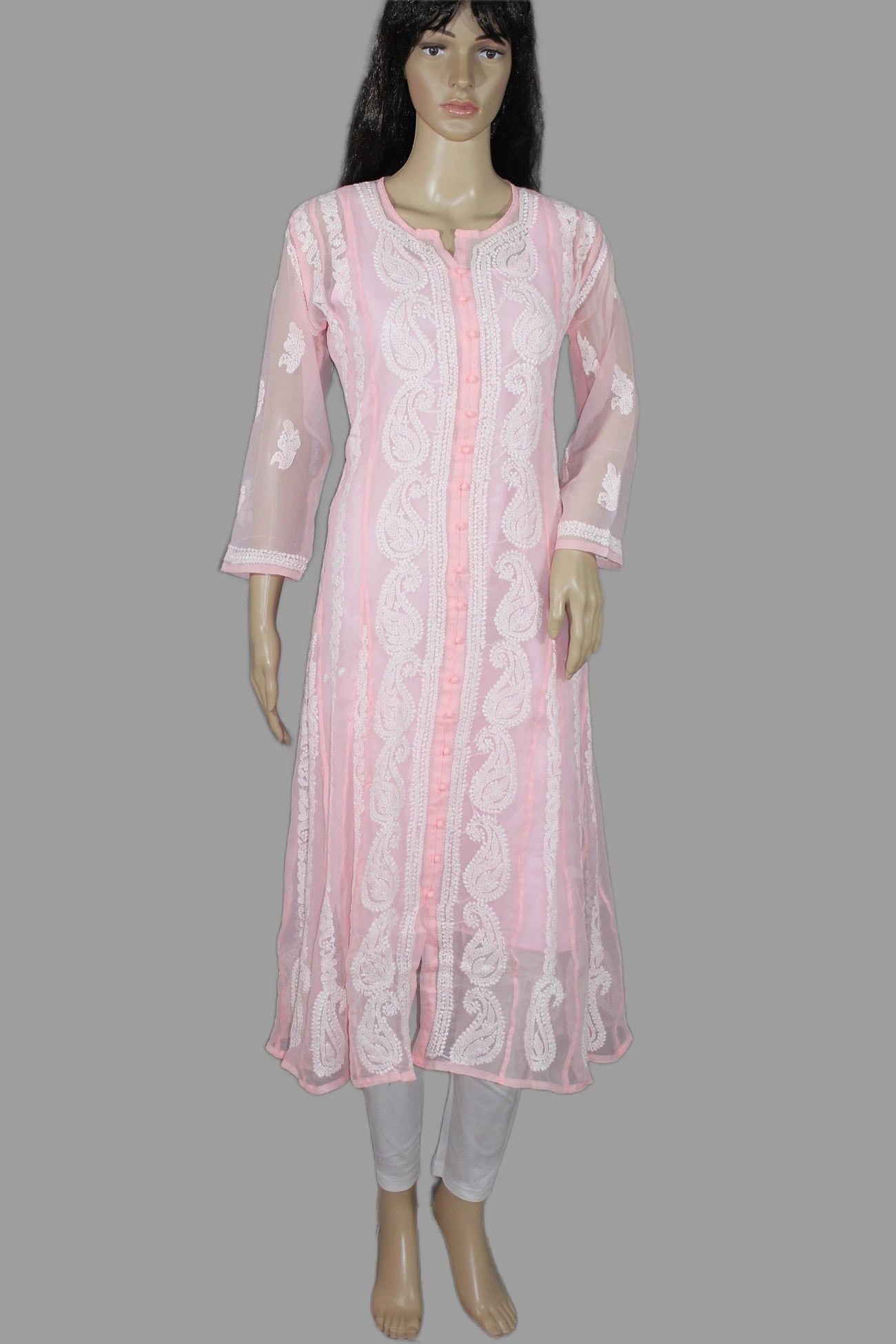 Mannequin wearing a lucknowi chikankari pink lace dress on a gray background