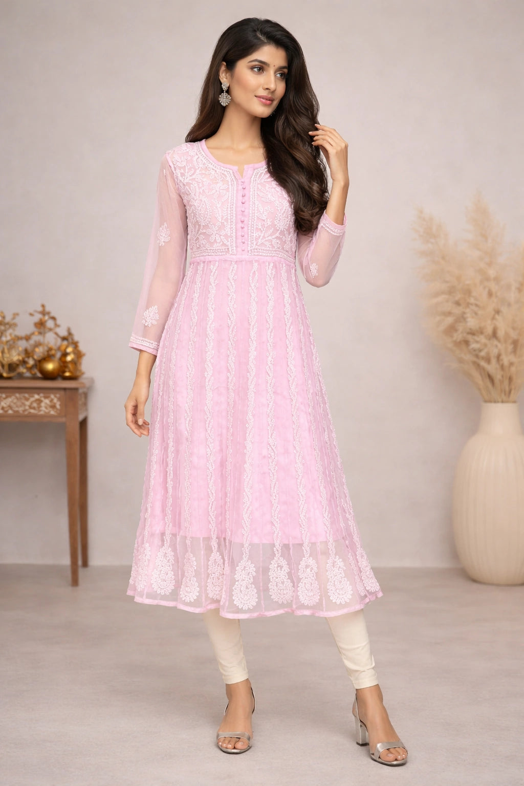 Lucknow Fashion Diary Hand Embroidered Lucknowi Chikankari Women's Pink Georgette Anarkali