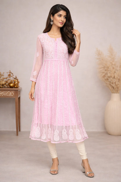 Lucknow Fashion Diary Hand Embroidered Lucknowi Chikankari Women's Pink Georgette Anarkali