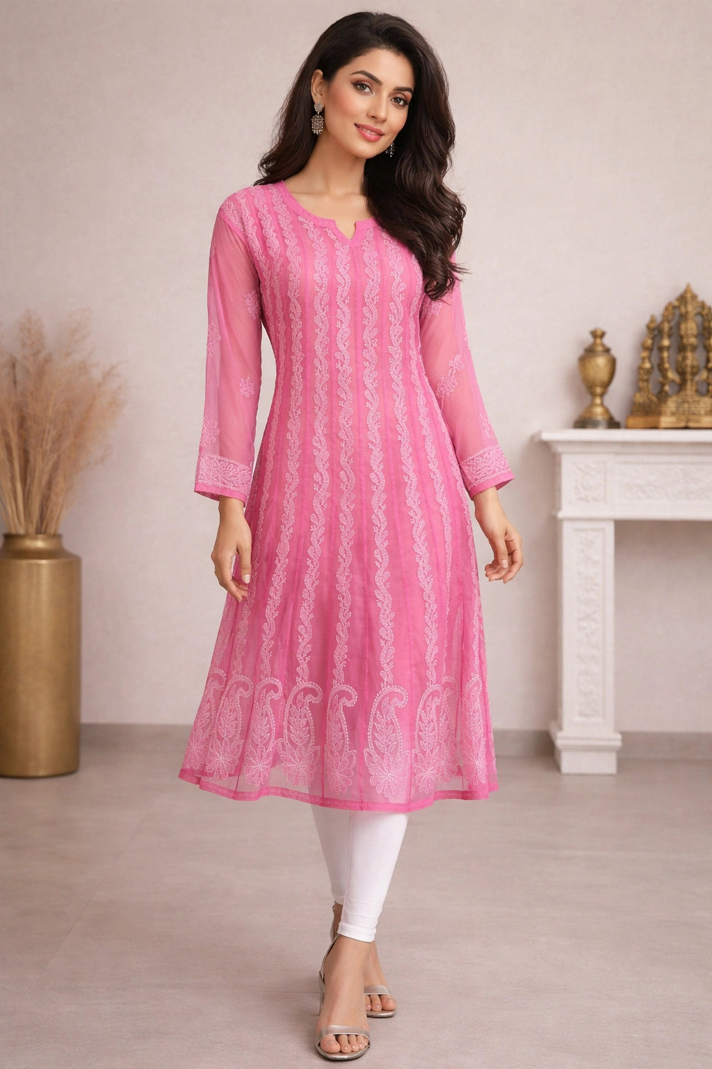 Lucknow Fashion Diary Hand Embroidered Lucknowi Chikankari Women's Pink Georgette Anarkali 