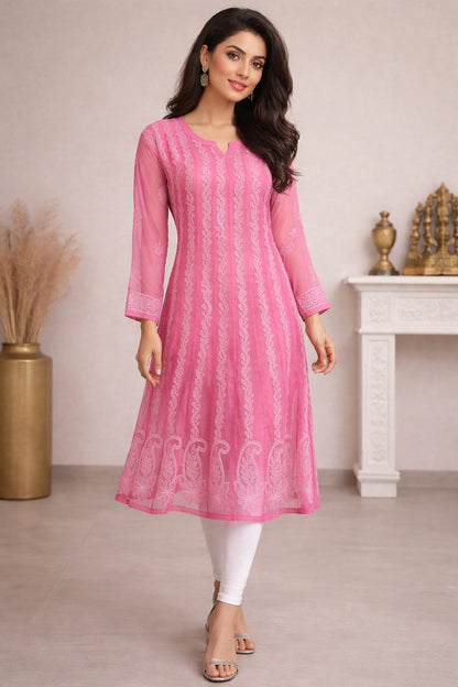 Lucknow Fashion Diary Hand Embroidered Lucknowi Chikankari Women's Pink Georgette Anarkali 