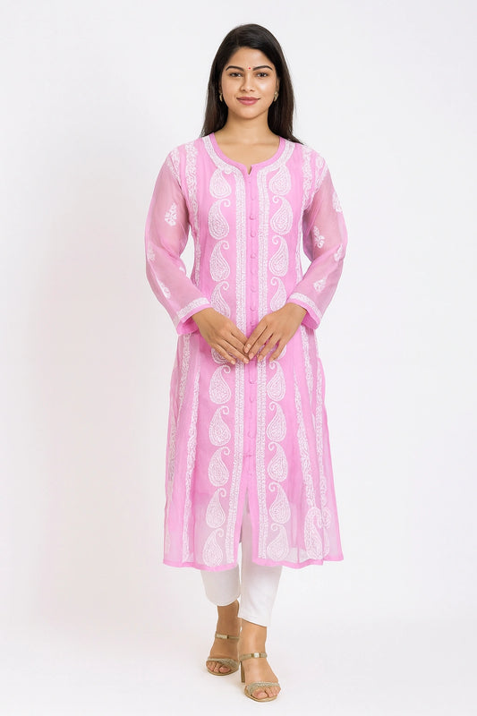Lucknow Fashion Diary Hand Embroidered Lucknowi Chikankari Women's Pink Georgette Anarkali