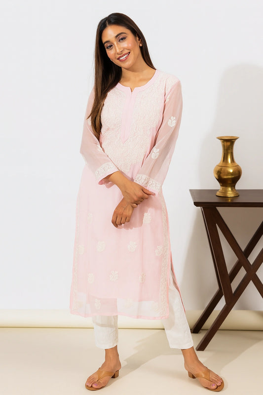 Lucknow Fashion Diary Hand Embroidered Lucknowi Chikankari Women's Pink Georgette Kurti