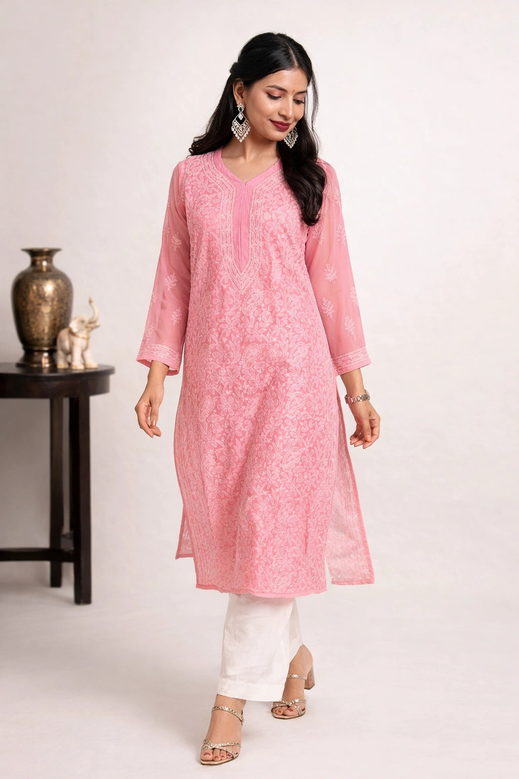 Lucknow Fashion Diary Hand Embroidered Lucknowi Chikankari Women's Pink Georgette Kurti