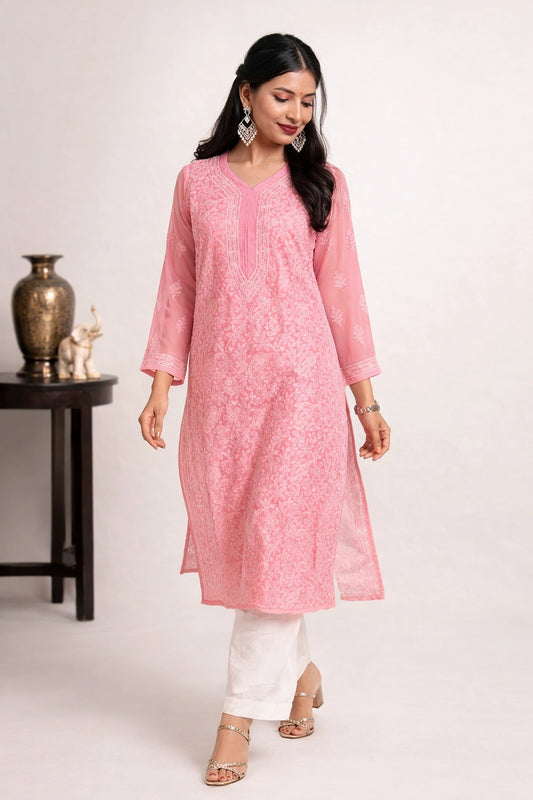 Lucknow Fashion Diary Hand Embroidered Lucknowi Chikankari Women's Pink Georgette Kurti