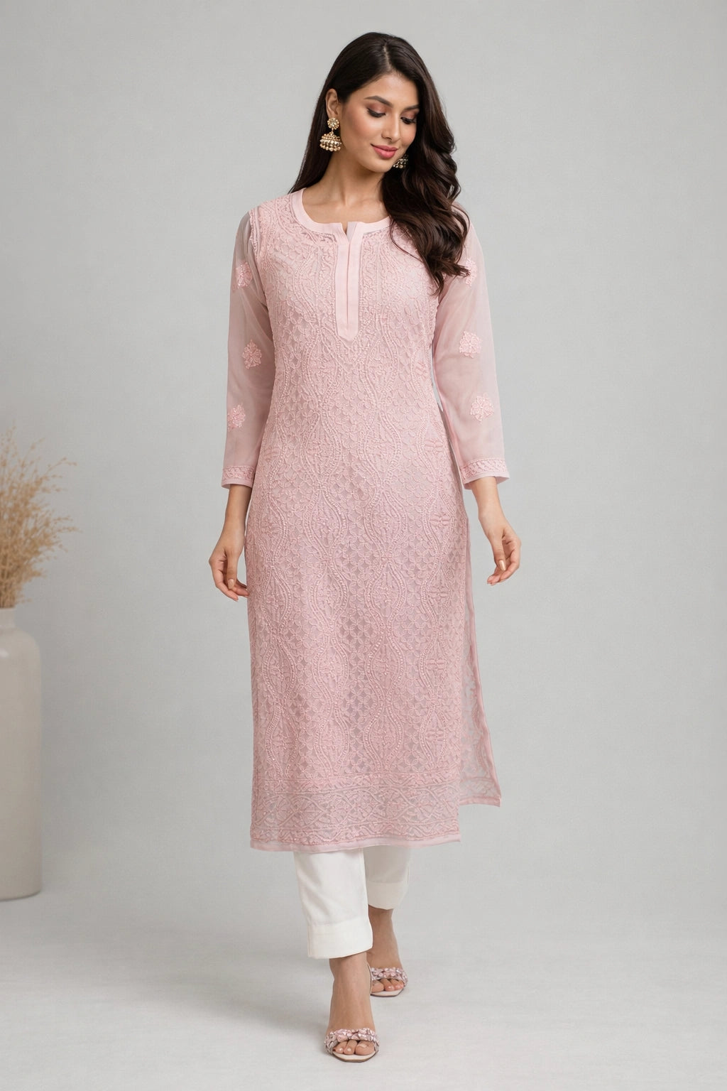 Lucknow Fashion Diary Hand Embroidered Lucknowi Chikankari Women's Pink Georgette Kurti