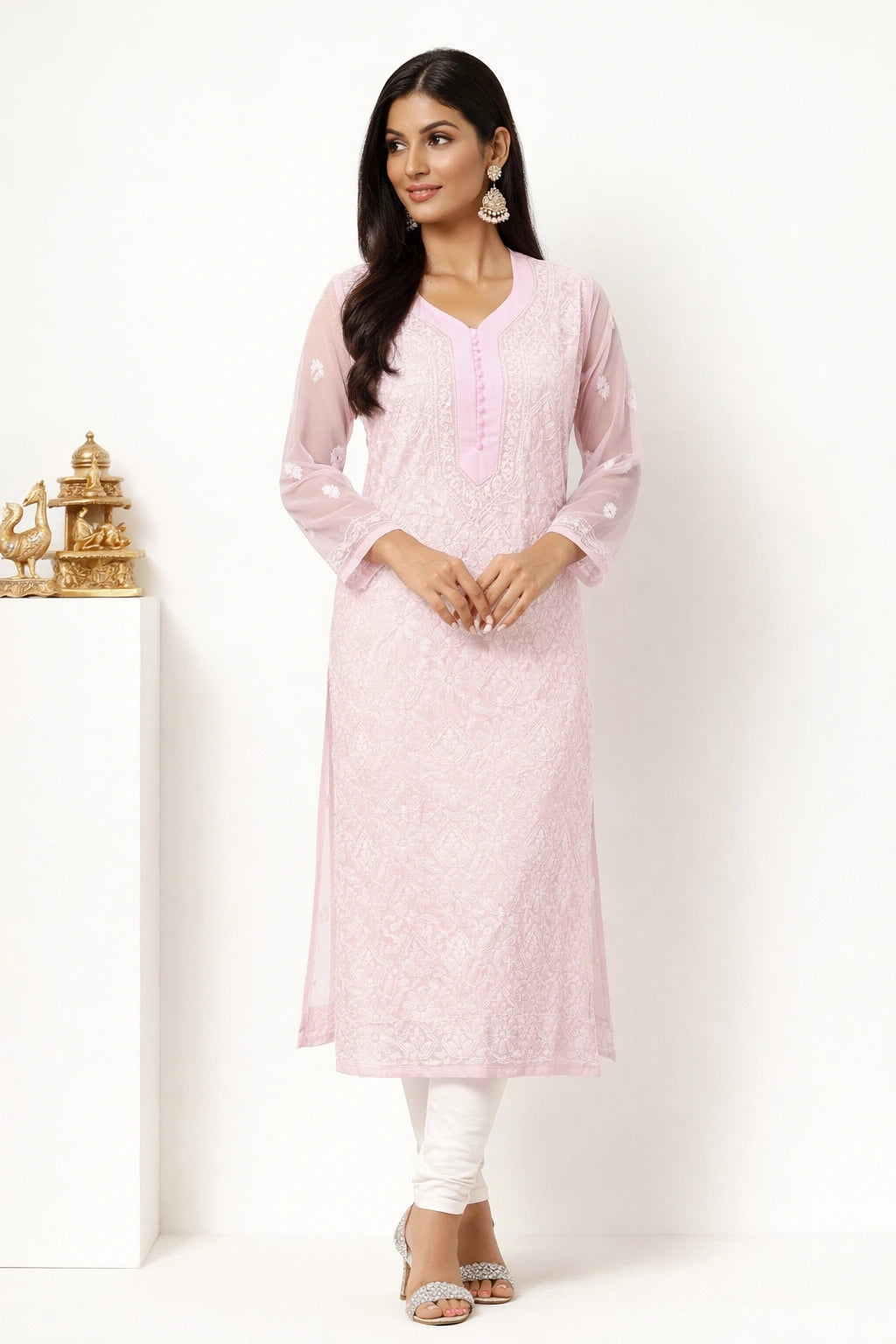 Lucknow Fashion Diary Hand Embroidered Lucknowi Chikankari Women's Pink Georgette Kurti