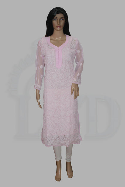 Mannequin wearing a chikan light pink lace dress on a gray background