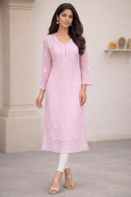 Lucknow Fashion Diary Hand Embroidered Lucknowi Chikankari Women's Pink Georgette Kurti