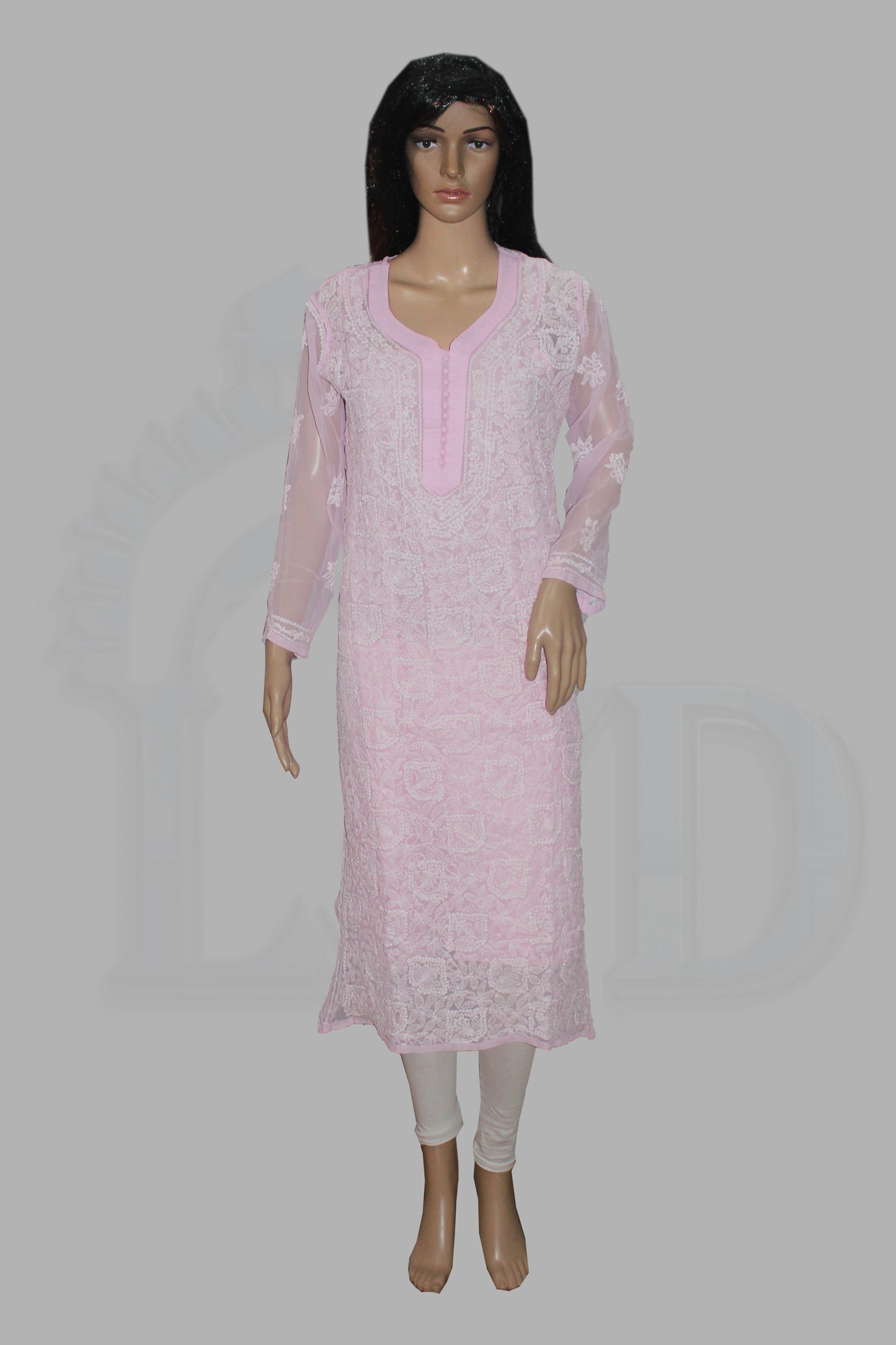 Mannequin wearing a lucknowi kadhai pink kurta with white lace details on a gray background