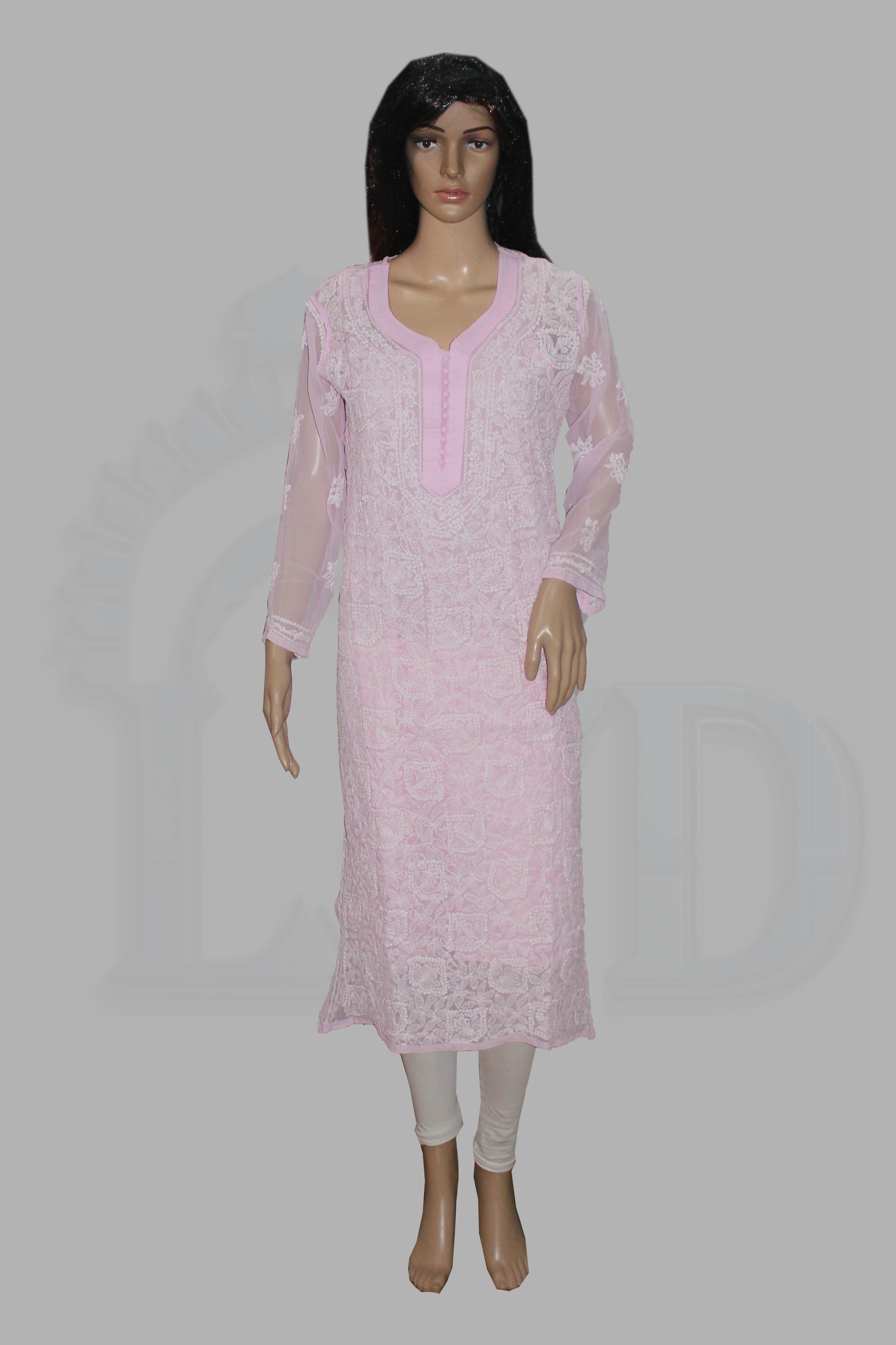 Mannequin wearing a lucknowi kadhai pink kurta with white lace details on a gray background