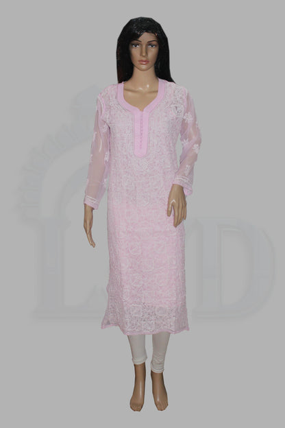 Mannequin wearing a lucknowi kadhai pink kurta with white lace details on a gray background