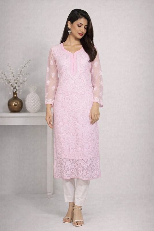 Lucknow Fashion Diary Hand Embroidered Lucknowi Chikankari Women's Pink Georgette Kurti