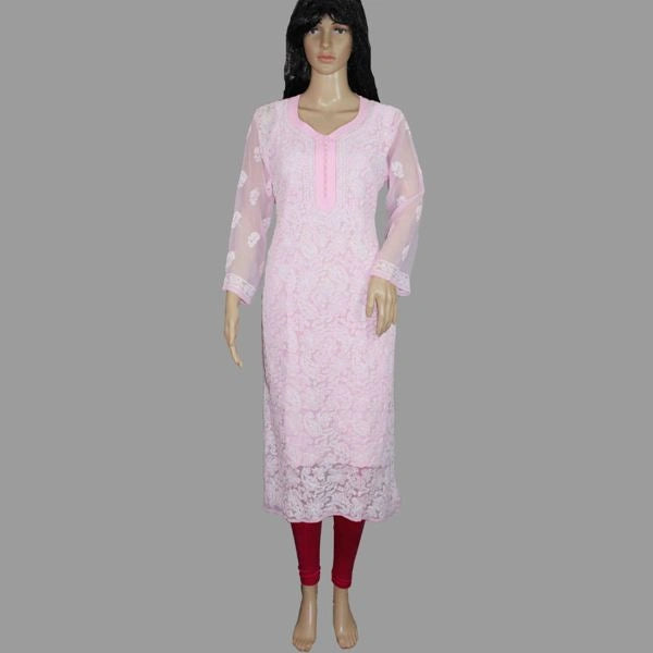 Mannequin wearing a embroidered pink lace dress on a gray background