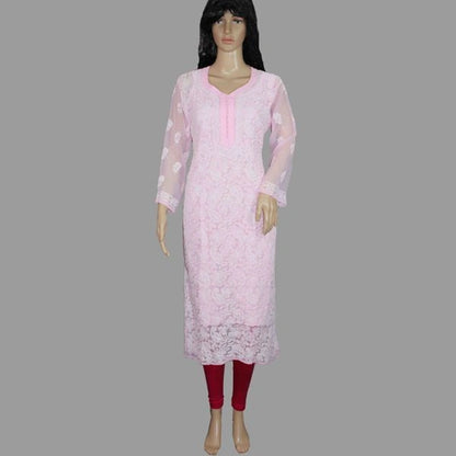 Mannequin wearing a embroidered pink lace dress on a gray background