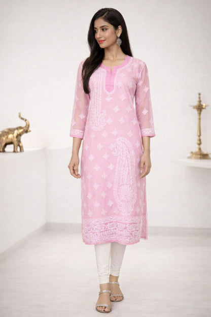 Lucknow Fashion Diary Hand Embroidered Lucknowi Chikankari Women's Pink Georgette Kurti