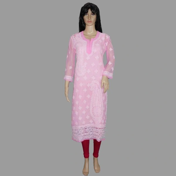 Mannequin wearing a chikan kadhai pink traditional outfit with a gray background