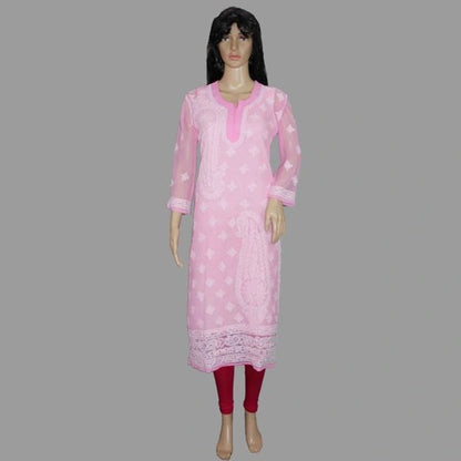 Mannequin wearing a chikan kadhai pink traditional outfit with a gray background